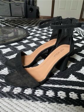 TOP Moda Black Ankle-Strap Block Heels with Tan Insole